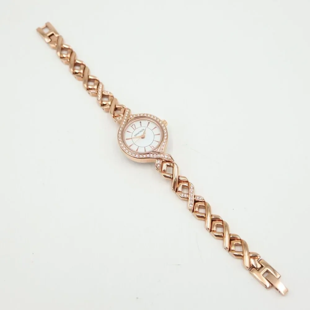Armitron Womens Rose Gold Tone Watch 24mm Jewel Bezel Bracelet w New Battery